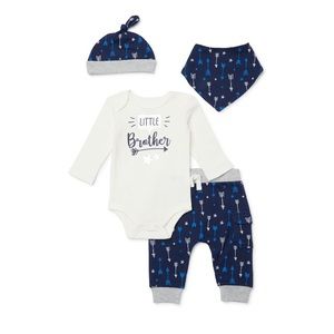 BRAND NEW SEALED 4 Piece Baby Boy Little Brother Bodysuit, Joggers, Bib, Hat Set